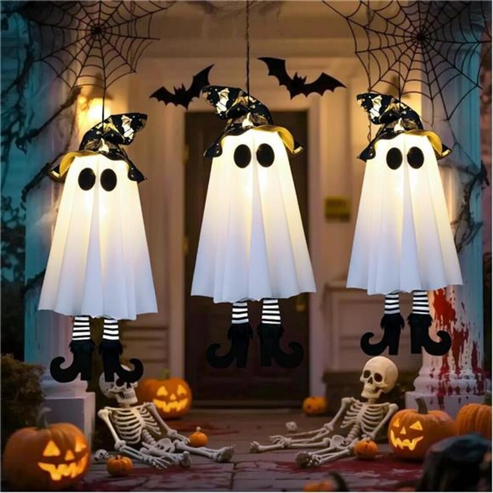3 Packs Hanging Ghosts Halloween Decorations Outdoor Glowing Witch Hat Ghost